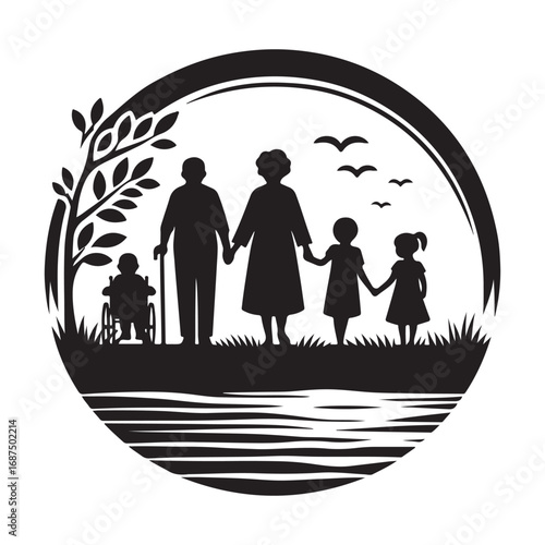 grandparents with kids vector silhouette clipart logo design illustration