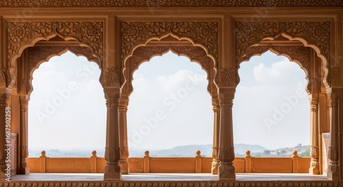 Architectural Elegance – Traditional Indian Arches Framing Scenic View
