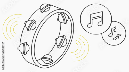 Illustration of a tambourine with jingles and sound waves along with musical notes in circles