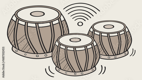 Illustration of three tabla drums with sound waves emanating from the center drum in simple style