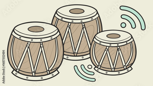 Illustration showing three tabla drums with light blue sound waves on a cream colored background