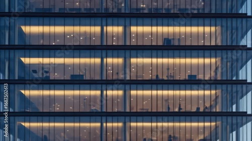 Modern office building at dusk showcasing illuminated workspaces and city life outside