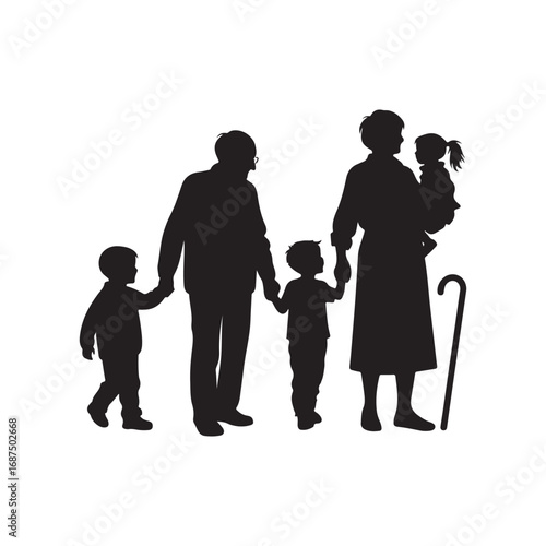 grandparents with kids vector silhouette clipart logo design illustration