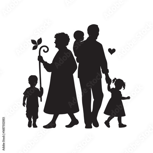 grandparents with kids vector silhouette clipart logo design illustration