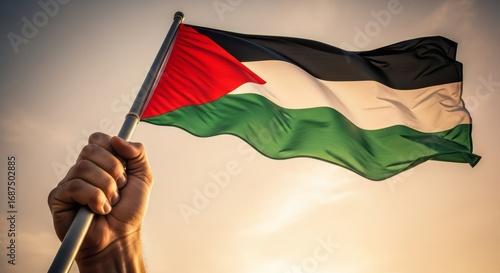 Raised for Palestine – Flag Held High Against Sunset Sky