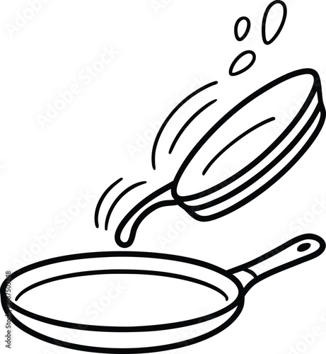 Outline vector illustration of flipping a pancake in a frying pan with motion lines scalable eps vector