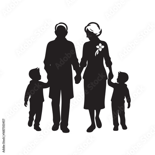 grandparents with kids vector silhouette clipart logo design illustration