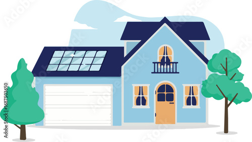 Solar panel on house roof - Small regular home in blue colour with set of solar panels installed. Front view, flat design vector illustration with white background	