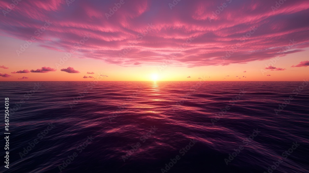 Fototapeta premium The sun sets over a vast ocean, painting the sky with vibrant pink hues.