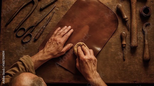 Top view shows artisan waxing leather hide. Leathercraft focuses on patina, leathercraft shapes durable goods, leathercraft readies piece for stitching. Concept of slow made design.
