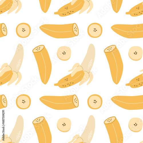 Seamless banana pattern with slices and whole pieces on white background.