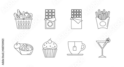Outline drawings of a basket with bread, chocolate, fries, ice cream, cupcake, tea and a cocktail