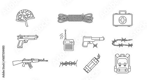Outlined military and survival gear including weapons, first aid, and communication tools displayed