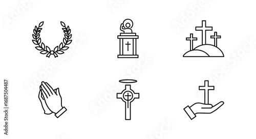 Collection of religious icons featuring crosses, hands, and laurel wreath in line art style