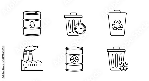 Six line art icons depicting waste management, industrial processes and environmental concerns shown here