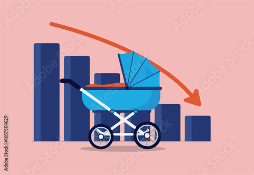 Birth rate decline - Baby stroller in front of graph diagram with red arrow pointing down. Metaphor for low fertility rate problem. Flat design animation
