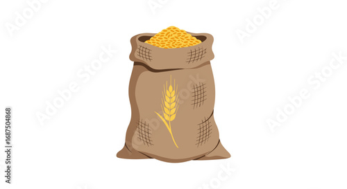 A Large Burlap Sack Filled to the Brim with Golden Corn Kernels and a Wheat Stalk Design