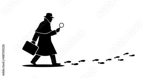 Silhouette Of A Detective Examining Footprints With A Magnifying Glass And Briefcase