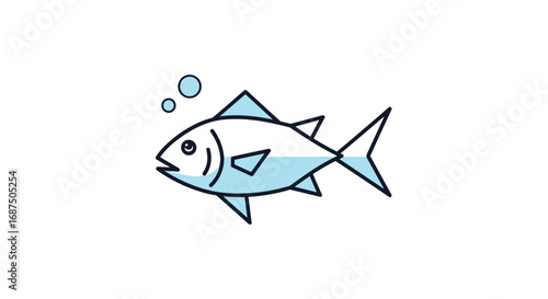 Illustration of a single small fish swimming in blue water with bubbles rising upwards