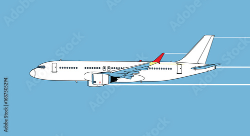 Illustration of a modern commercial airliner cruising through a clear blue sky with subtle motion lines indicating speed