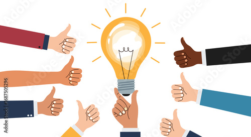 A group of diverse hands holding up a bright glowing light bulb surrounded by many thumbs up gestures signifying great ideas and positive feedback