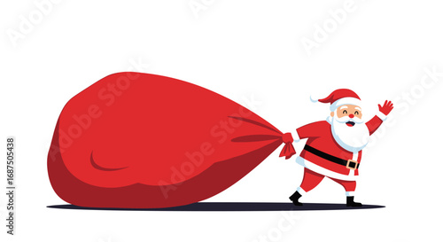 Jolly Santa Claus Pulling a Giant Red Gift Bag Full of Presents During Winter Holiday Celebrations