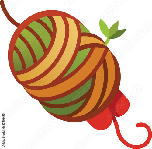 Cartoon Illustration of a Colorful Ball of Yarn with a Small Leaf