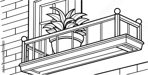 Black and white illustration of a balcony with a potted plant and a window architectural detail