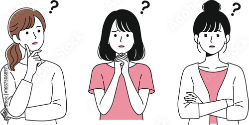 Confused women illustration, question mark, thoughtful pose, puzzled expression, decision making, problem solving, uncertainty concept, vector art, cartoon style, female characters