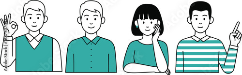 Cartoon characters in teal clothing, expressive hand gestures and poses, flat vector illustration, personality and communication concept, diverse character design set