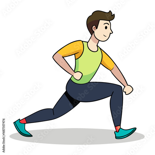 Dynamic man doing a lunge exercise, promoting fitness, health, and active lifestyle goals