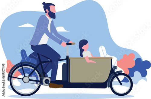 Riding cargo bike with child - Urban male parent riding young child in bike with box in front. Flat design vector illustration with white background	

