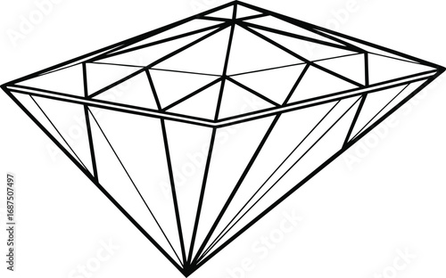 Black and white illustration of a diamond shape with geometric lines and facets on a white background