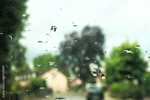 Abstraktes Motiv mit Regentropfenmuster auf Glasscheibe vor Straße mit Auto, Haus und hohen grünen Bäumen und Himmel in Kleinstadt bei Regen am Nachmittag im Sommer