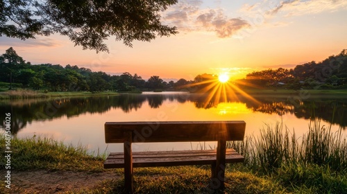 A tranquil scene of a bench overlooking a calm lake at sunset, with vibrant colors.
