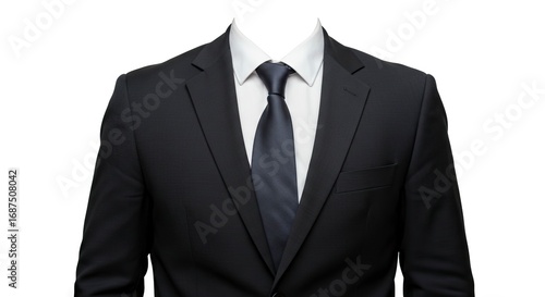 Black business suit with a white shirt and dark tie on a white background