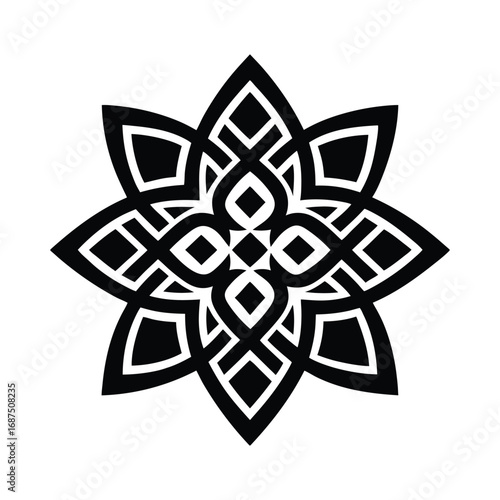 Elegant symmetrical black and white vector design featuring an intricate floral star silhouette, a versatile graphic element
