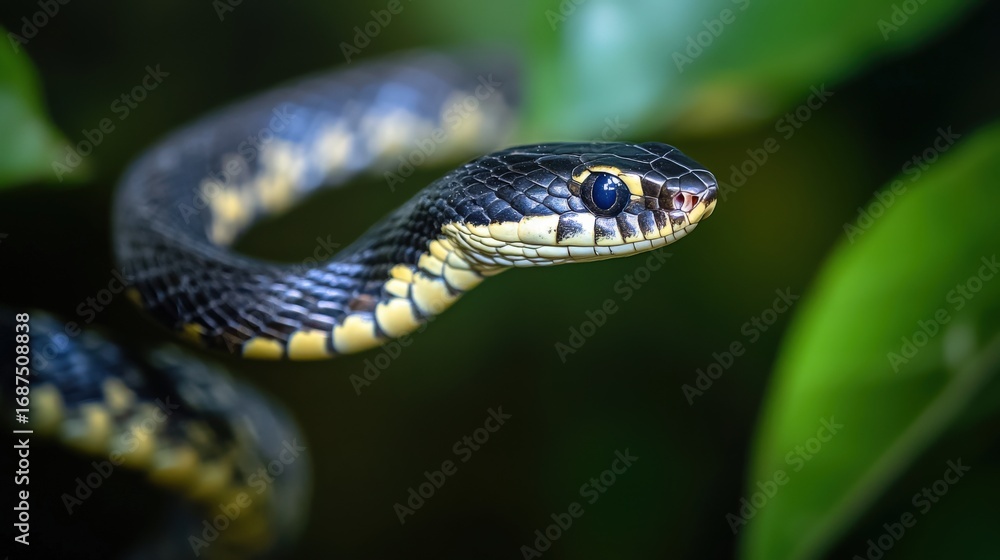 Obraz premium Close-up of a snake with black and yellow scales.