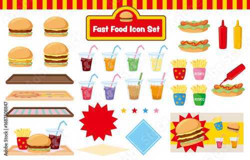 ファストフードアイコンセット｜ハンバーガー・ホットドッグ・ポテト・ドリンク・看板(Fast Food Icon Set | Burgers, Hotdogs, Fries, Drinks, Signboard)