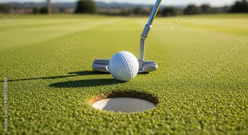Close-up of a golf putter about to strike a white golf ball near a hole on a green putting course with soft sunlight.