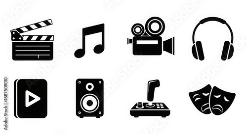 Set of media and entertainment icons including film clapperboard music note camera headphones speaker game controller and theater masks