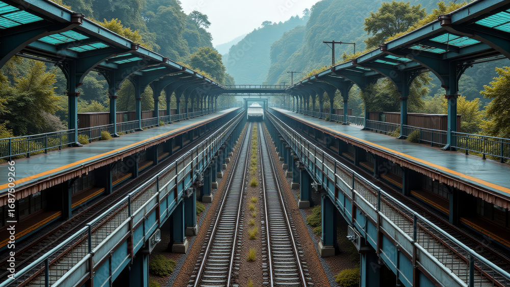 Fototapeta premium Symmetrical railway tracks through forested valley viewed from elevated bridge