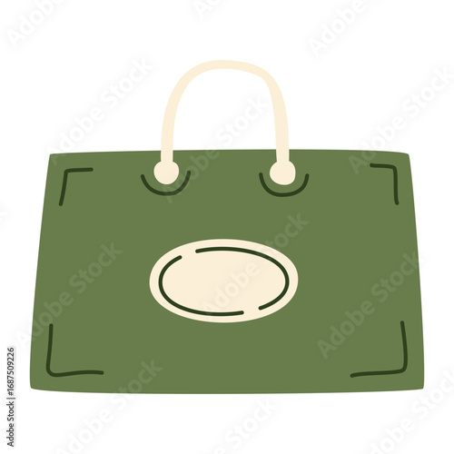 Green eco tote bag, fabric shopping package with beige stitching and green handle, reusable grocery bag, blank canvas tote for design, sustainable fashion accessory. Vector illustration in flat style.