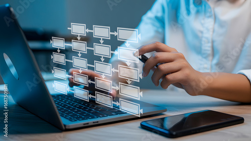 Modern professional designs dynamic workflow diagram using digital interface and laptop