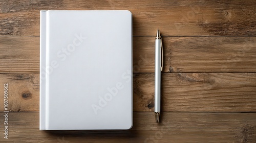 blank white diary cover with pen on wooden table mock up no logos no brands ar 169