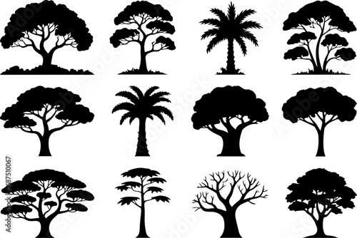 Tree Silhouettes Vector Set – Baobab, Pine, Acacia & Leafless Trees