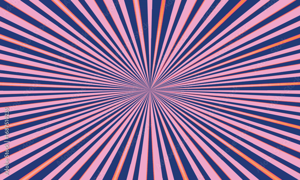 Fototapeta premium Pink and blue sunburst pattern with orange highlights radiating from center abstract background