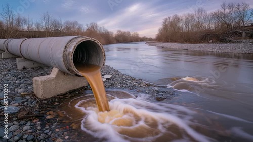 Industrial waste pipe discharging effluent into a flowing river under 