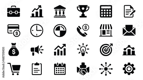 Collection of business and finance vector icons representing different aspects of commerce and growth strategy