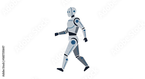 Walking humanoid robot with white and gray metallic finish, featuring a sleek, modern design.
